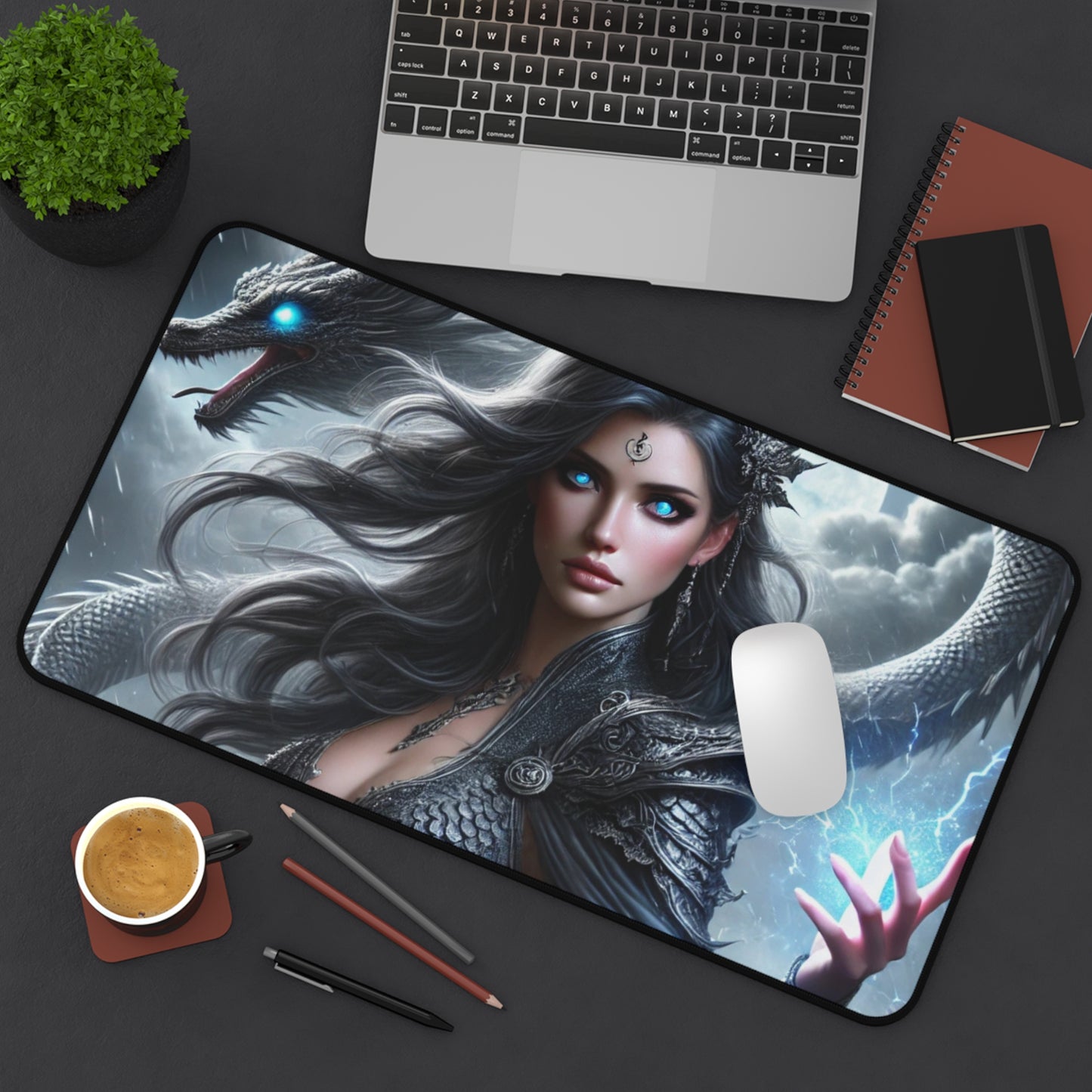 Mystical Dragon & Sorceress Desk Mat Fantasy Gaming Pad for Writers, Gamers Artists