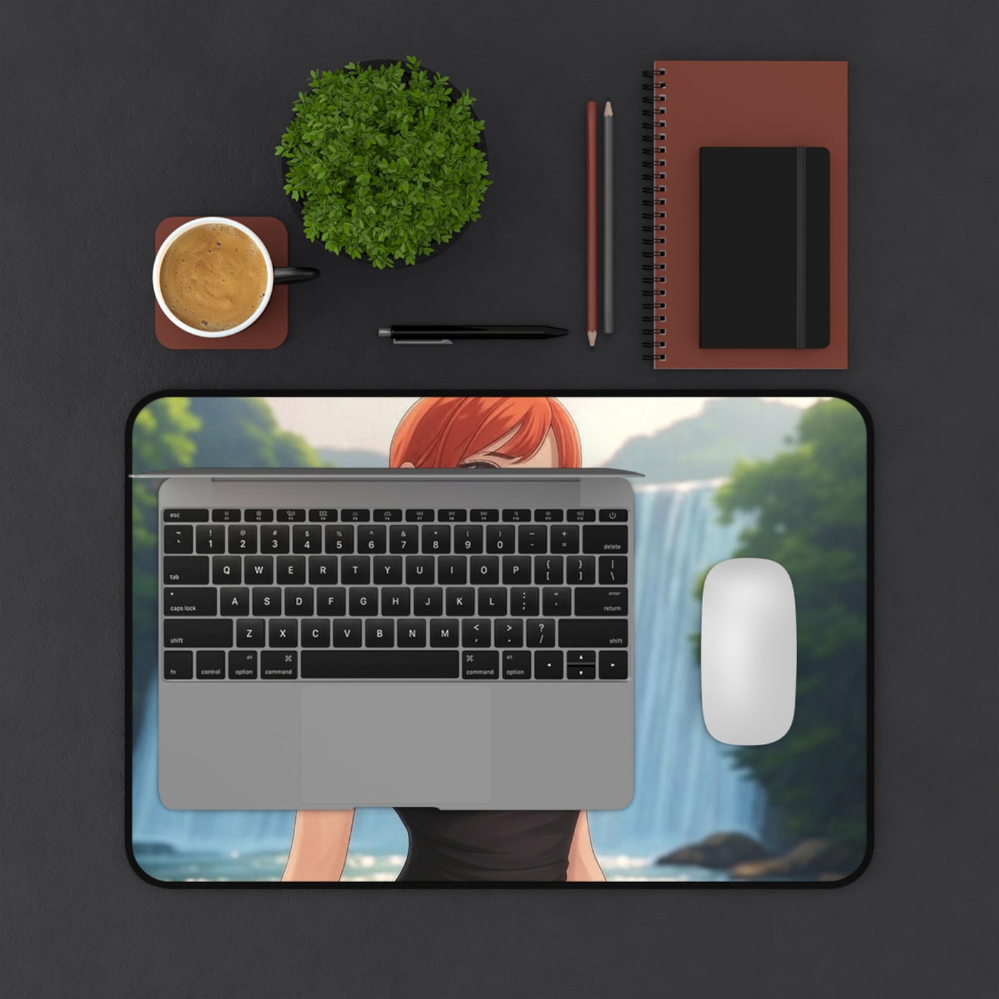 Redhead Anime Girl in Black Dress Waterfall Desk Mat - Vibrant Gaming Pad in 3 Sizes #AnimeDeskMat #WaterfallDesign