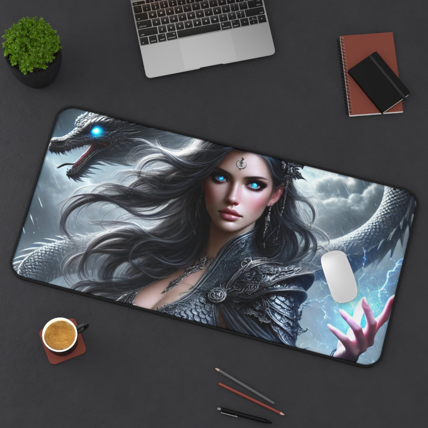 Mystical Dragon & Sorceress Desk Mat Fantasy Gaming Pad for Writers, Gamers Artists