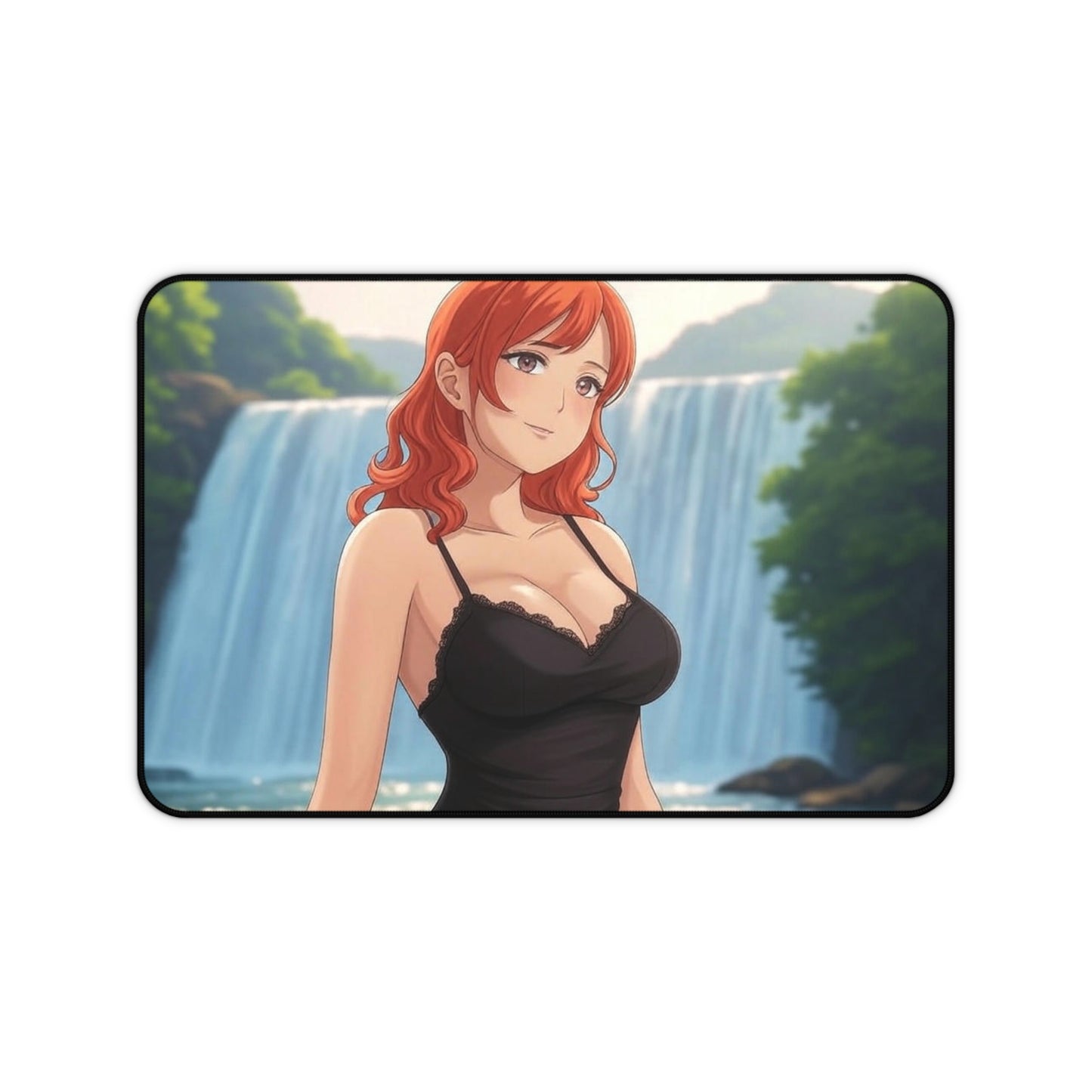 Redhead Anime Girl in Black Dress Waterfall Desk Mat - Vibrant Gaming Pad in 3 Sizes #AnimeDeskMat #WaterfallDesign