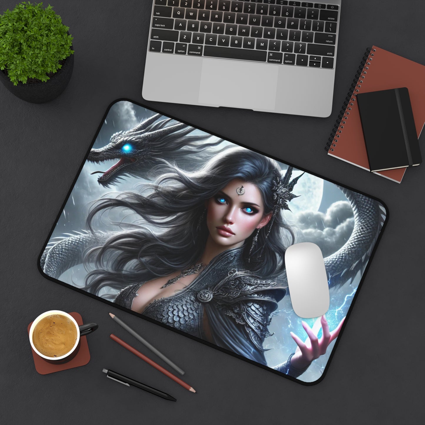 Mystical Dragon & Sorceress Desk Mat Fantasy Gaming Pad for Writers, Gamers Artists