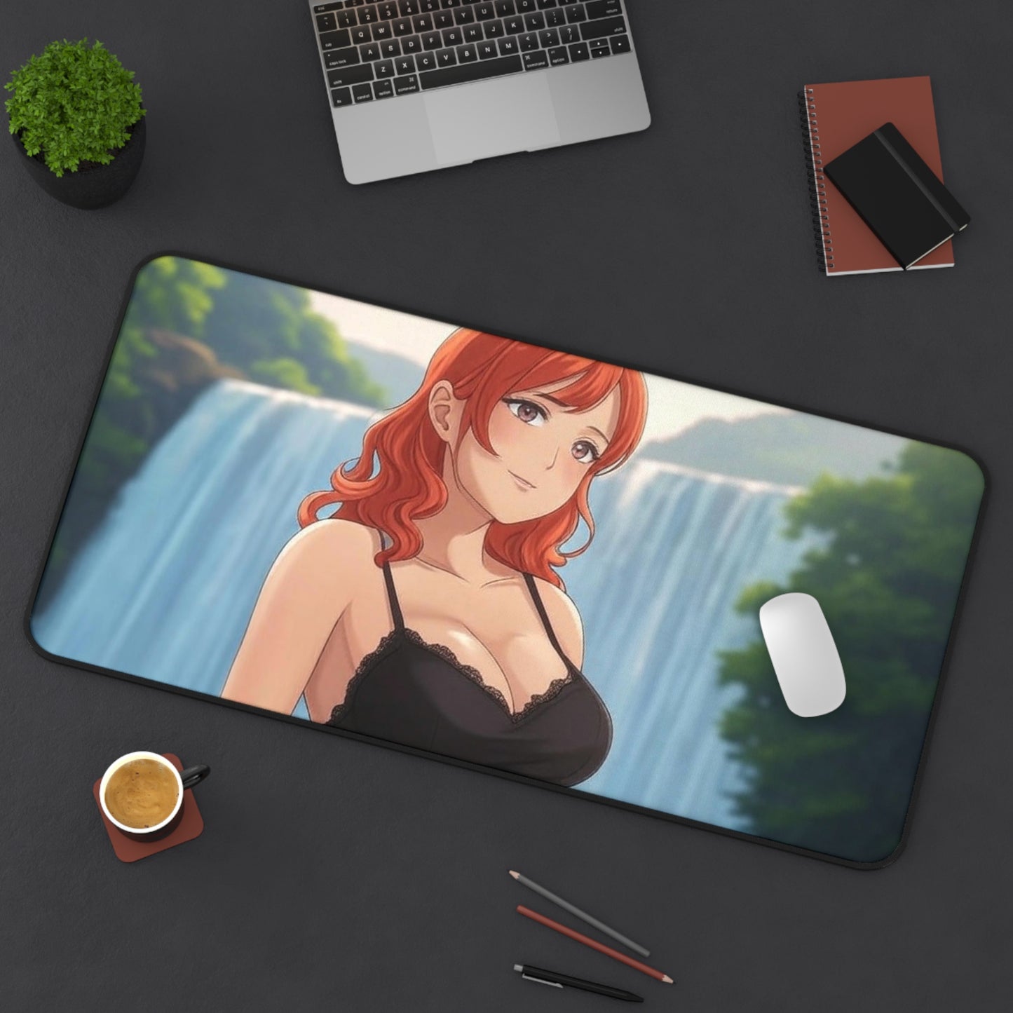 Redhead Anime Girl in Black Dress Waterfall Desk Mat - Vibrant Gaming Pad in 3 Sizes #AnimeDeskMat #WaterfallDesign
