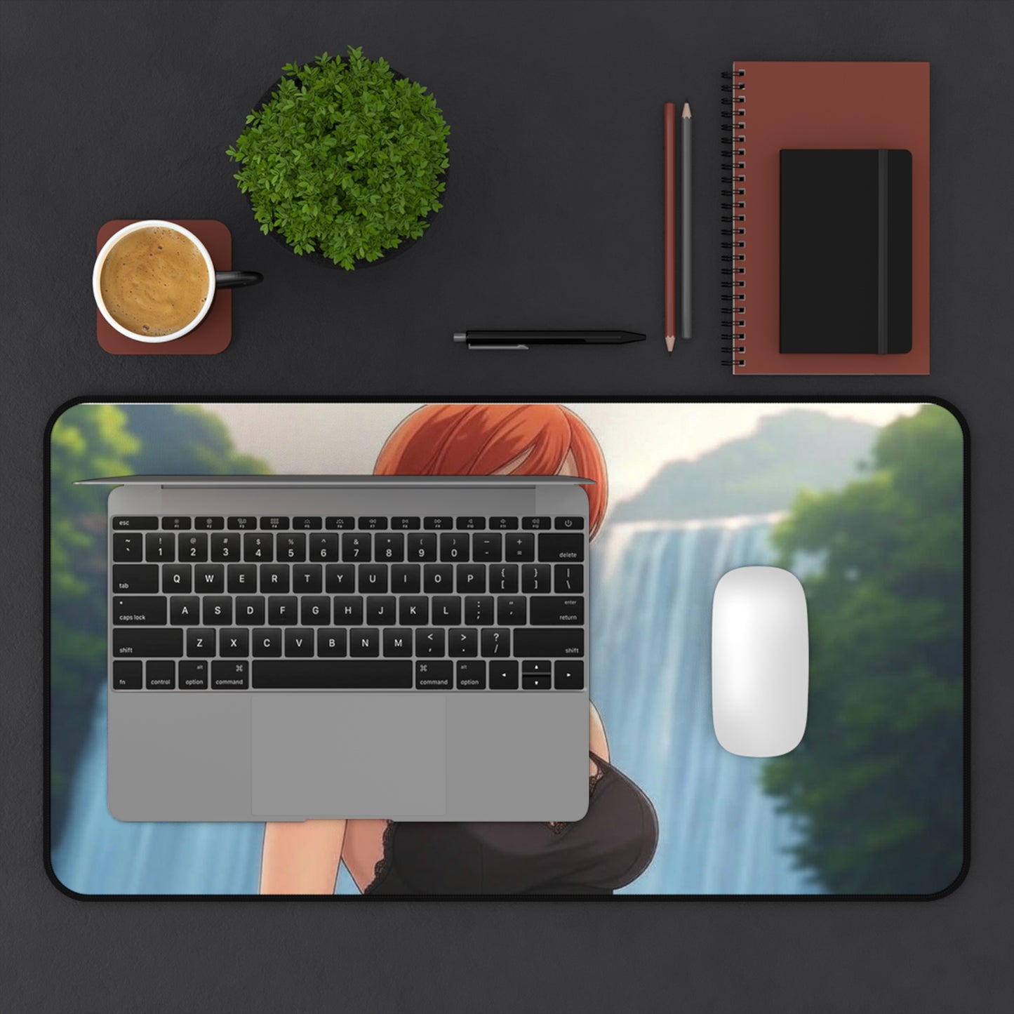 Redhead Anime Girl in Black Dress Waterfall Desk Mat - Vibrant Gaming Pad in 3 Sizes #AnimeDeskMat #WaterfallDesign