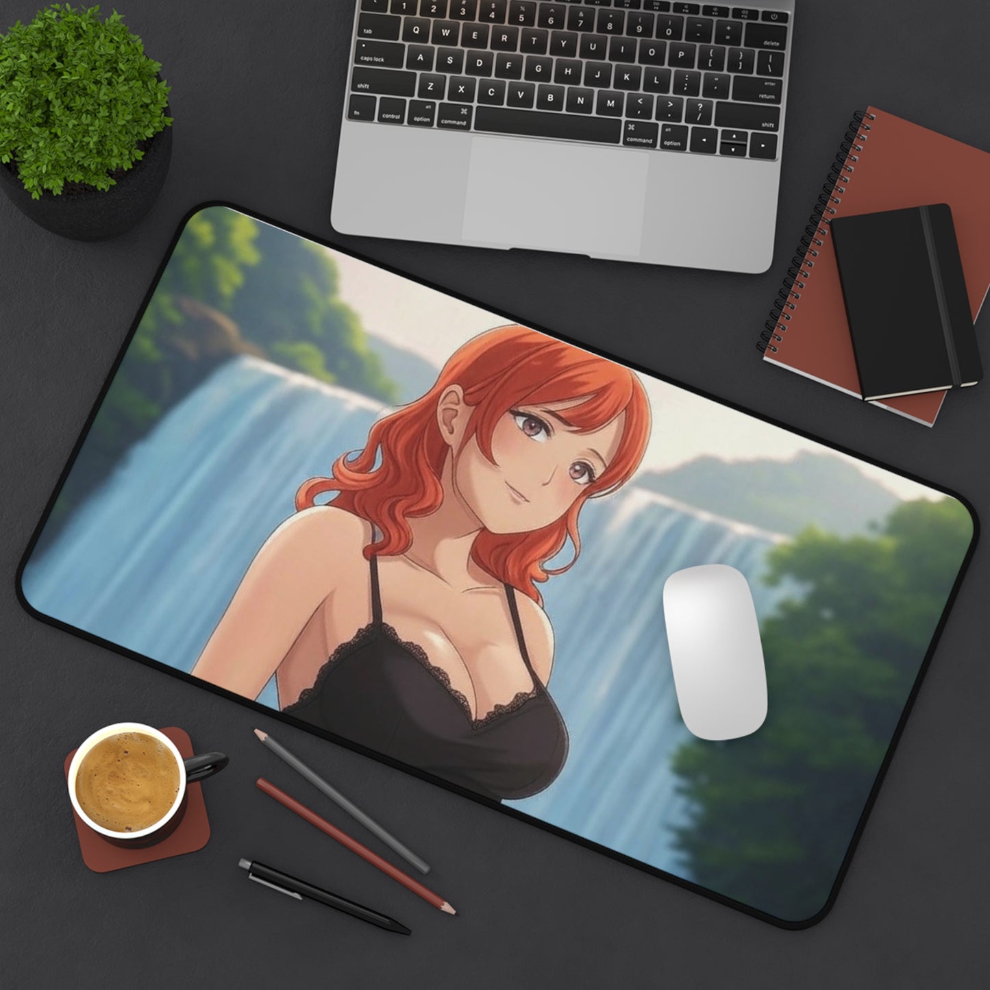 Redhead Anime Girl in Black Dress Waterfall Desk Mat - Vibrant Gaming Pad in 3 Sizes #AnimeDeskMat #WaterfallDesign