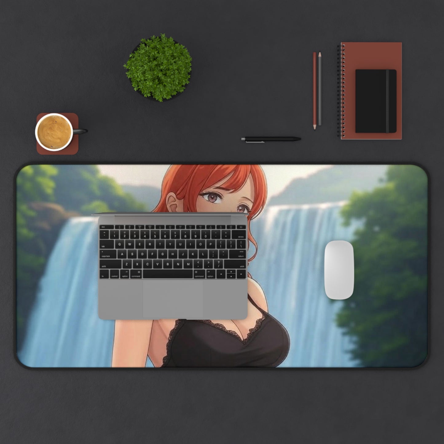 Redhead Anime Girl in Black Dress Waterfall Desk Mat - Vibrant Gaming Pad in 3 Sizes #AnimeDeskMat #WaterfallDesign