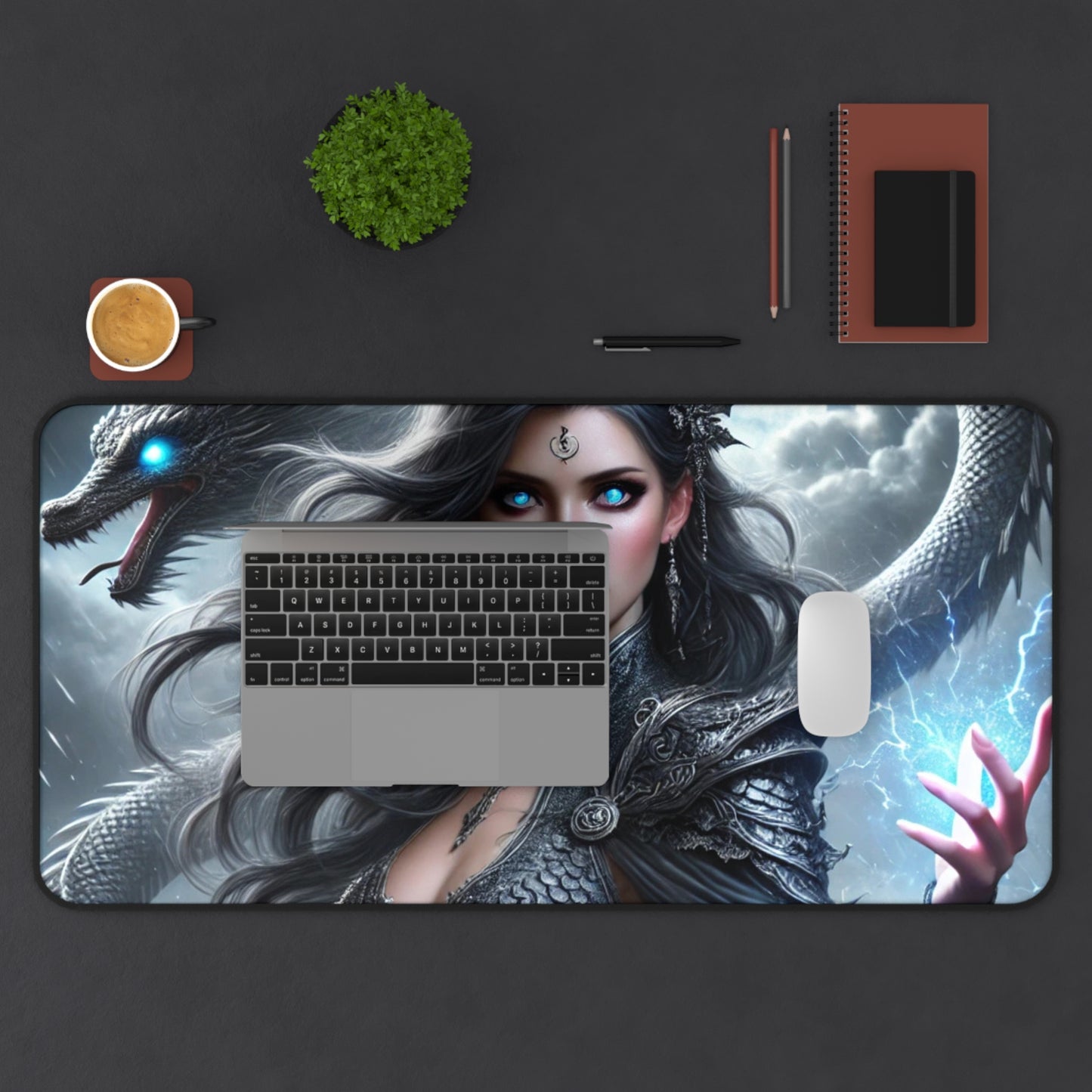 Mystical Dragon & Sorceress Desk Mat Fantasy Gaming Pad for Writers, Gamers Artists