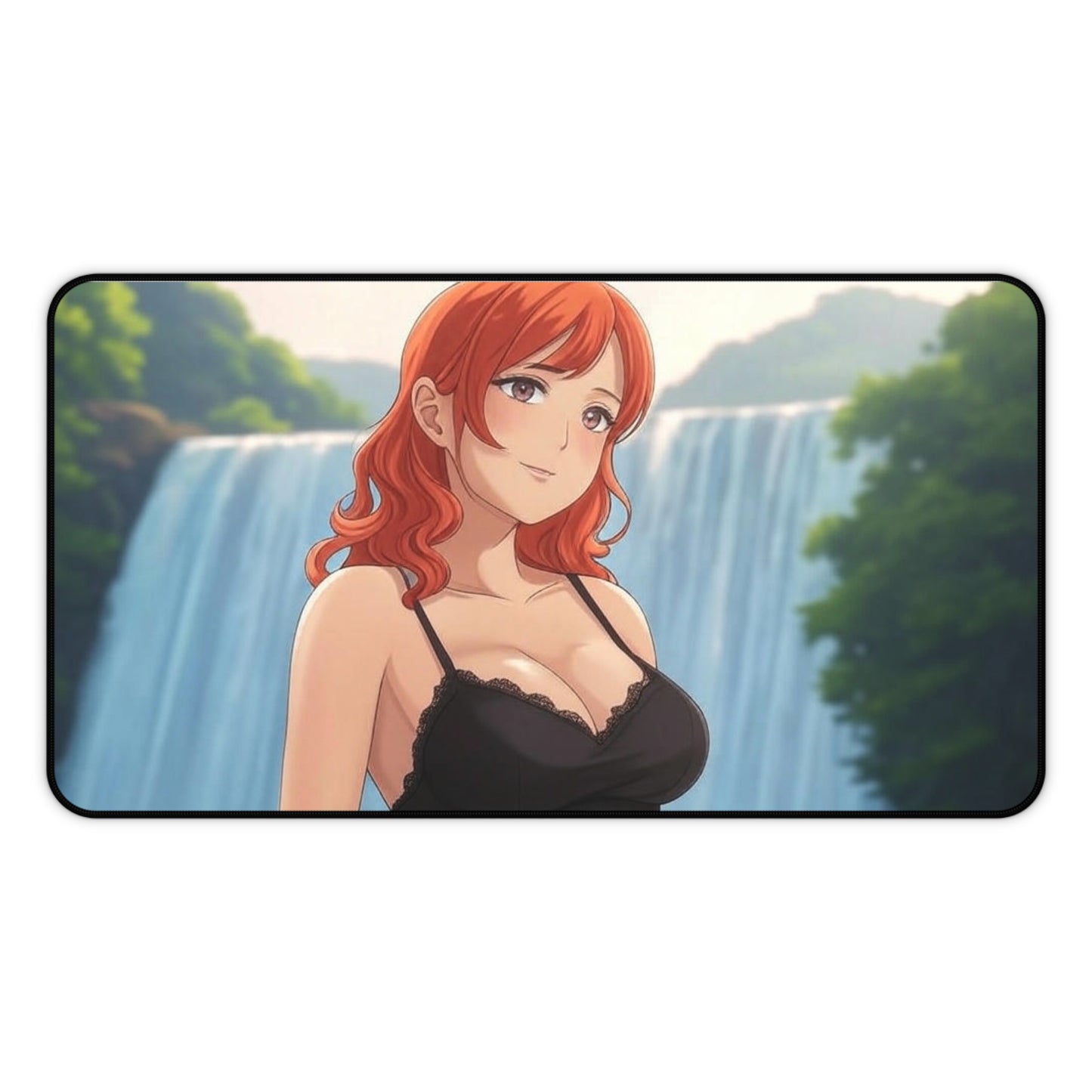 Redhead Anime Girl in Black Dress Waterfall Desk Mat - Vibrant Gaming Pad in 3 Sizes #AnimeDeskMat #WaterfallDesign