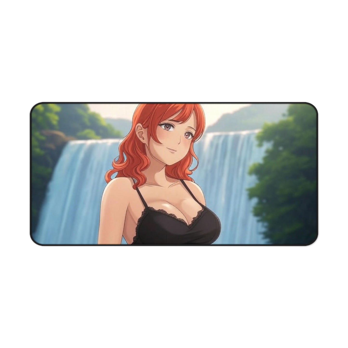 Redhead Anime Girl in Black Dress Waterfall Desk Mat - Vibrant Gaming Pad in 3 Sizes #AnimeDeskMat #WaterfallDesign