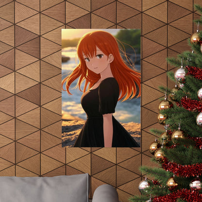 Redhead Anime Girl in Black Dress Waterfall Poster - Matte Vertical Art Print