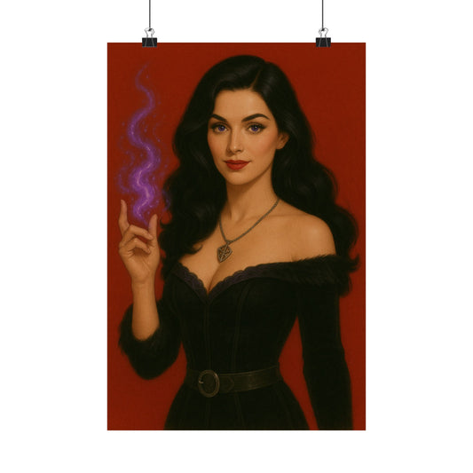 Sorceress Elegance Matte Vertical Poster – Red Background Pin-Up Fantasy Art