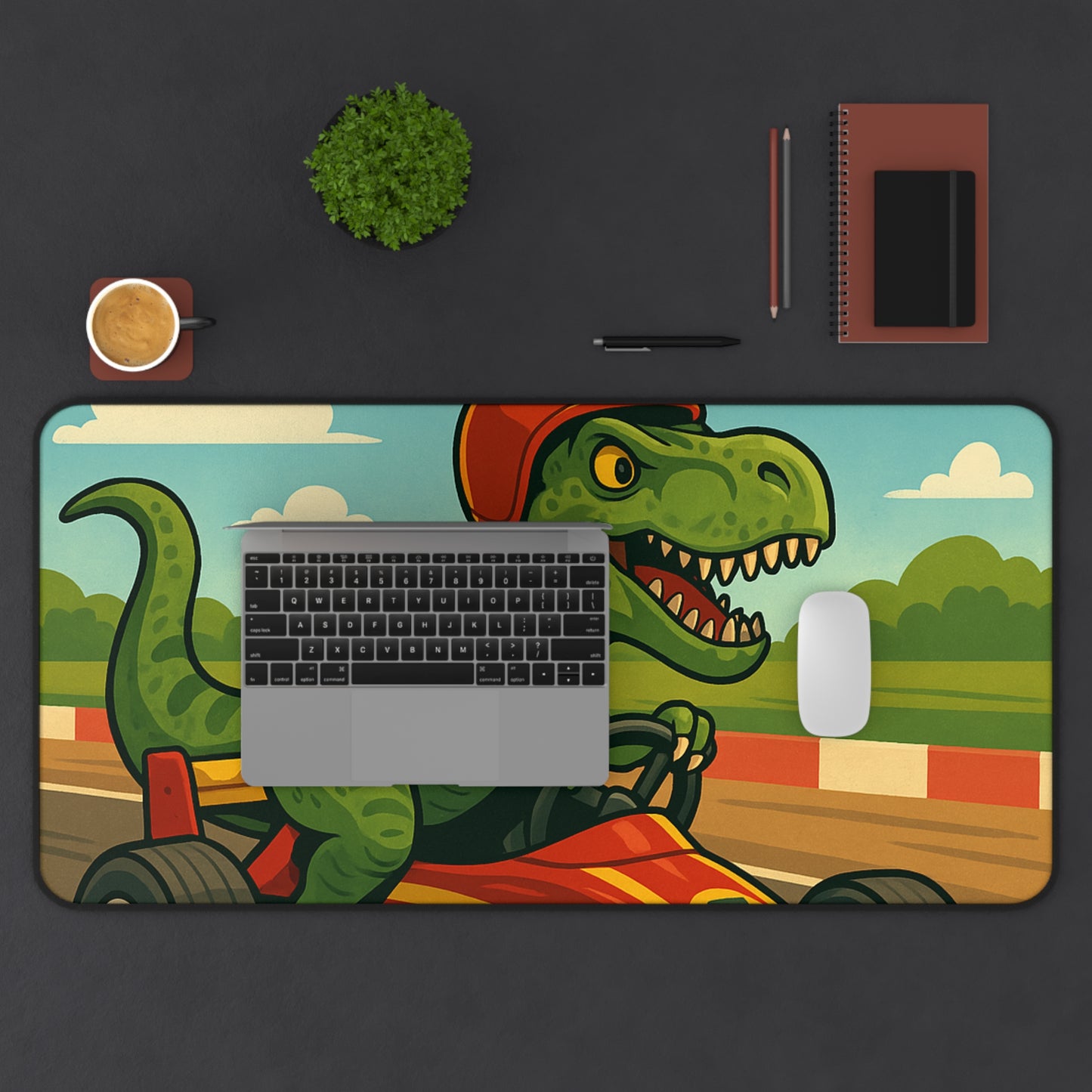 Dino Racer Desk Mat – T-Rex in a Go-Kart | Fun Gaming & Study Mat for Kids & Creators