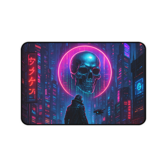 Cyberpunk Desk Mat, Futuristic Gaming Mouse Pad, Neon Skull Office Decor, Computer Accessories, Unique Gift Idea