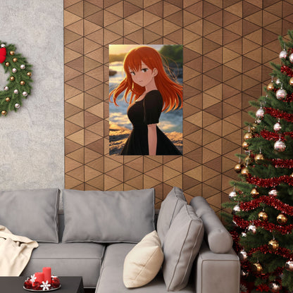 Redhead Anime Girl in Black Dress Waterfall Poster - Matte Vertical Art Print