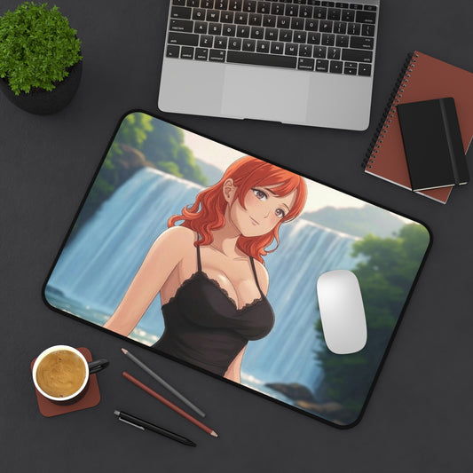 Redhead Anime Girl in Black Dress Waterfall Desk Mat - Vibrant Gaming Pad in 3 Sizes #AnimeDeskMat #WaterfallDesign