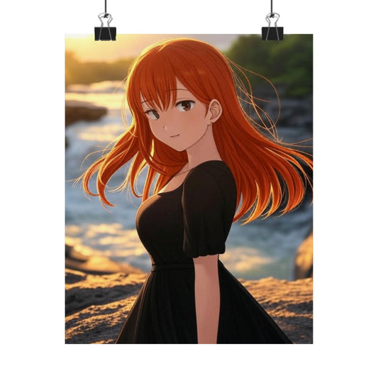 Redhead Anime Girl in Black Dress Waterfall Poster - Matte Vertical Art Print