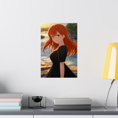 Redhead Anime Girl in Black Dress Waterfall Poster - Matte Vertical Art Print