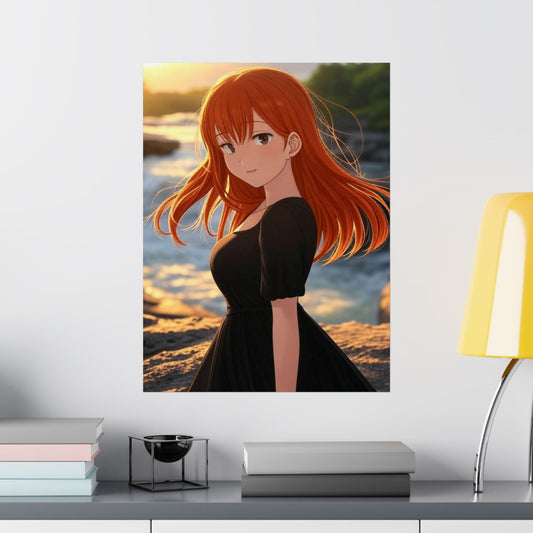 Redhead Anime Girl in Black Dress Waterfall Poster - Matte Vertical Art Print