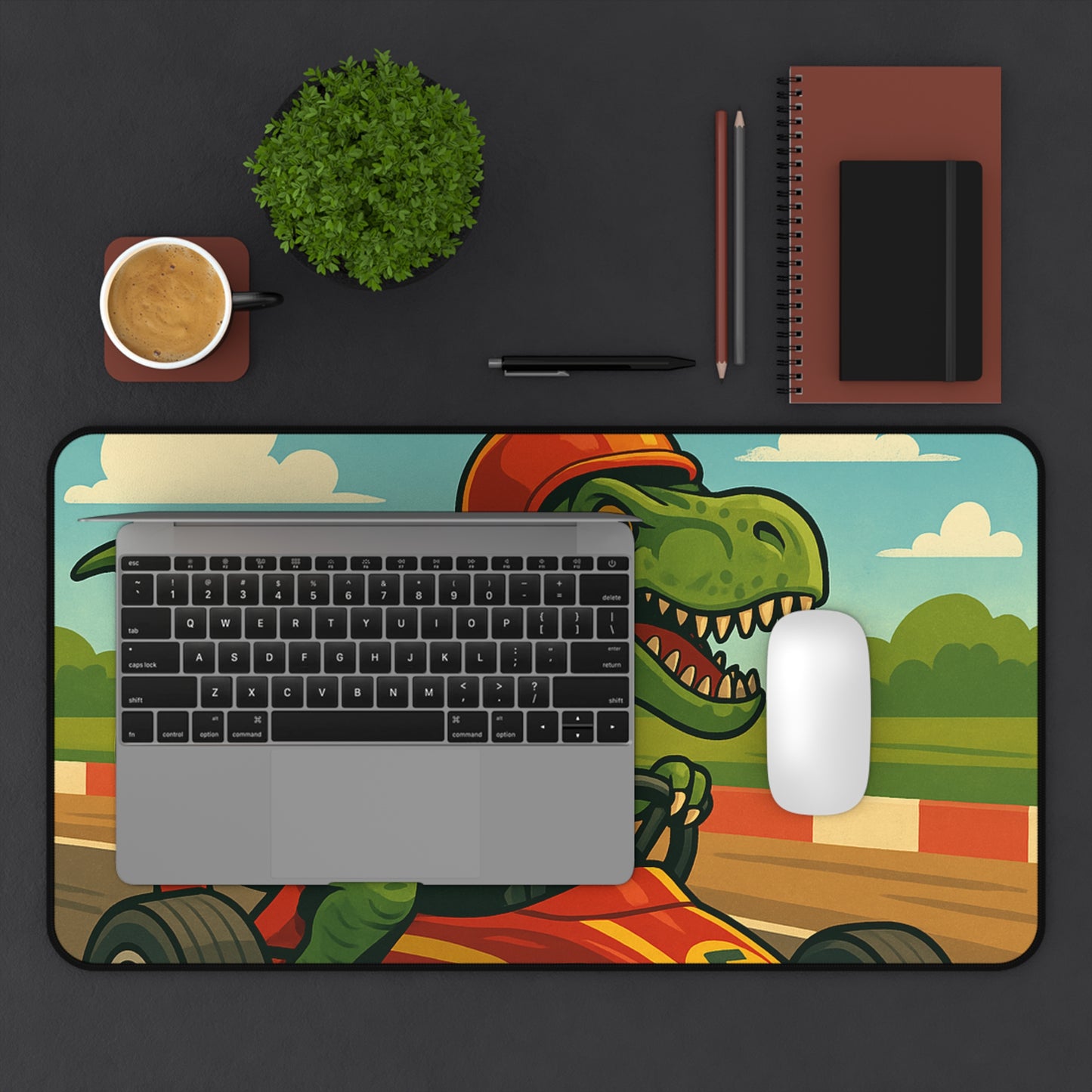 Dino Racer Desk Mat – T-Rex in a Go-Kart | Fun Gaming & Study Mat for Kids & Creators