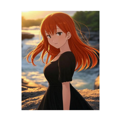 Redhead Anime Girl in Black Dress Waterfall Poster - Matte Vertical Art Print