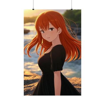 Redhead Anime Girl in Black Dress Waterfall Poster - Matte Vertical Art Print