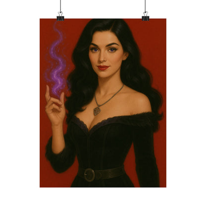 Sorceress Elegance Matte Vertical Poster – Red Background Pin-Up Fantasy Art