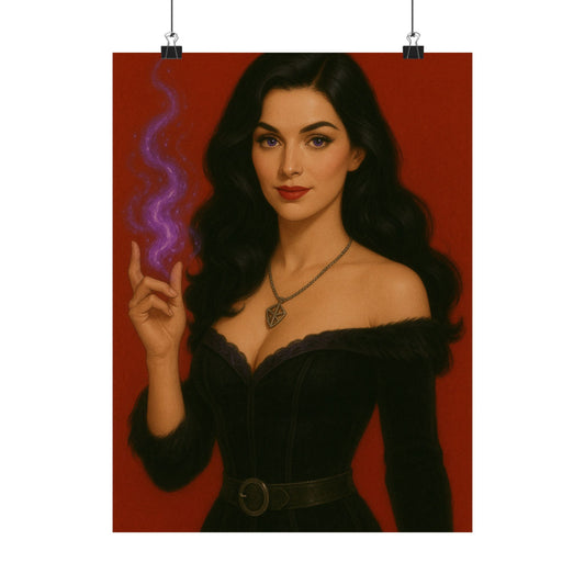 Sorceress Elegance Matte Vertical Poster – Red Background Pin-Up Fantasy Art