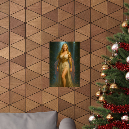 Radiant Blonde Goddess Waterfall Fantasy Art – Matte Vertical Poster Print | Elegant Home Décor Gift