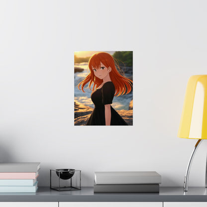 Redhead Anime Girl in Black Dress Waterfall Poster - Matte Vertical Art Print