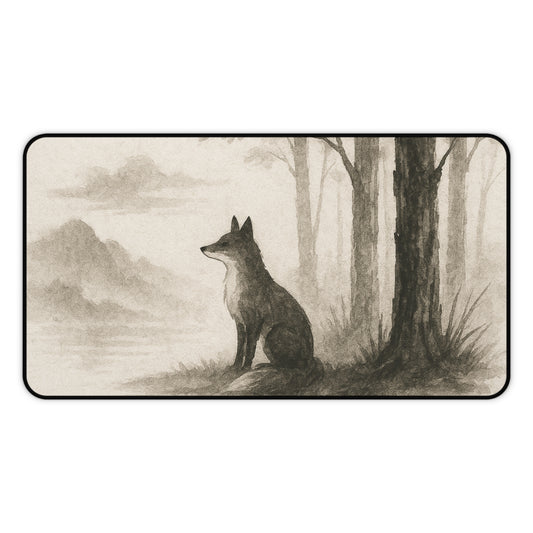Serene Woodland Wolf Desk Mat - Elegant Office Decor for Nature Lovers