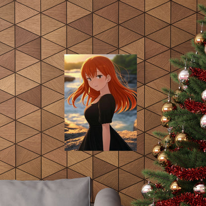 Redhead Anime Girl in Black Dress Waterfall Poster - Matte Vertical Art Print