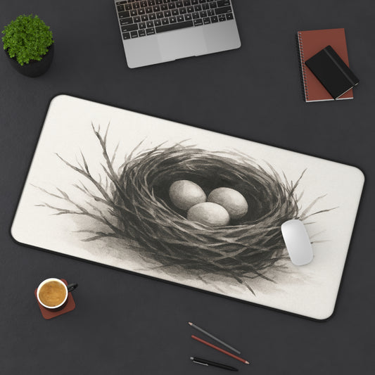 Serene Nest Desk Mat - Cozy Office Decor, Home Office Accessory, Gift for Nature Lovers, Minimalist Workplace, Eggs in Nest Design
