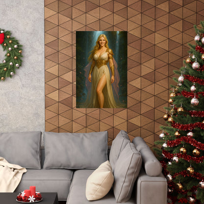 Radiant Blonde Goddess Waterfall Fantasy Art – Matte Vertical Poster Print | Elegant Home Décor Gift