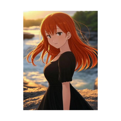 Redhead Anime Girl in Black Dress Waterfall Poster - Matte Vertical Art Print