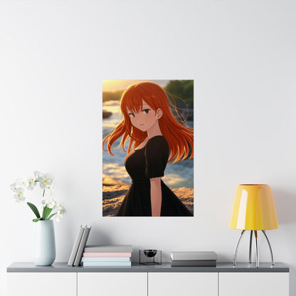 Redhead Anime Girl in Black Dress Waterfall Poster - Matte Vertical Art Print