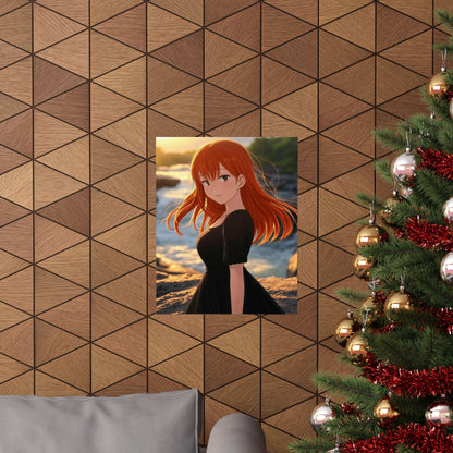 Redhead Anime Girl in Black Dress Waterfall Poster - Matte Vertical Art Print