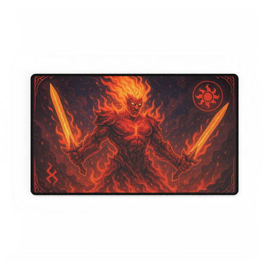 🔥 Fiery Elemental Warrior Desk Mat – Bold Style Meets Battle-Ready Performance