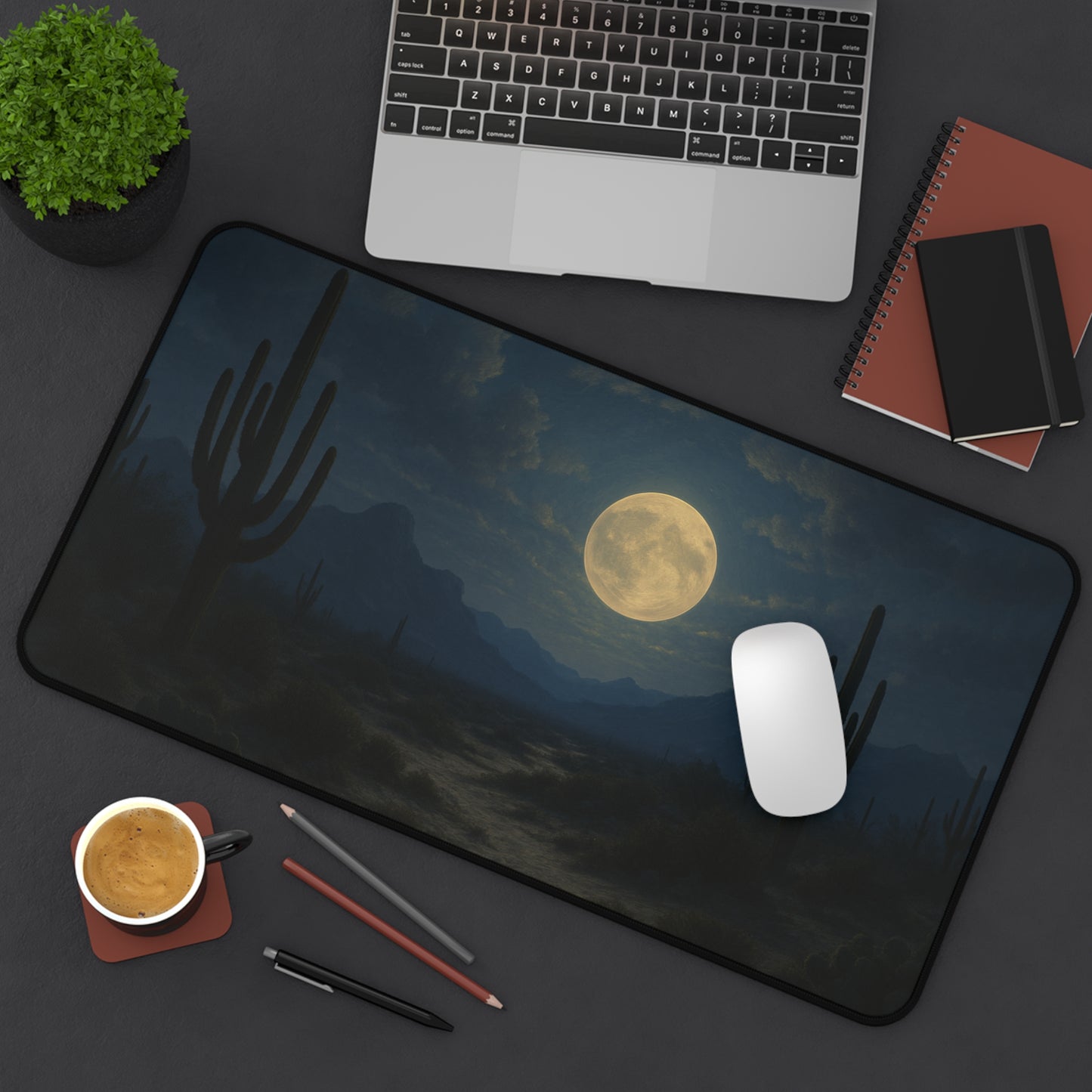 Desert Moon Desk Mat, Mystical Cactus Desk Pad, Home Office Decor, Personalized Gift for Nature Lovers, Elegant Workspace Accessory