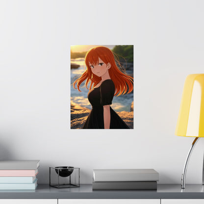 Redhead Anime Girl in Black Dress Waterfall Poster - Matte Vertical Art Print