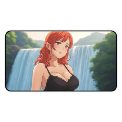 Redhead Anime Girl in Black Dress Waterfall Desk Mat - Vibrant Gaming Pad in 3 Sizes #AnimeDeskMat #WaterfallDesign