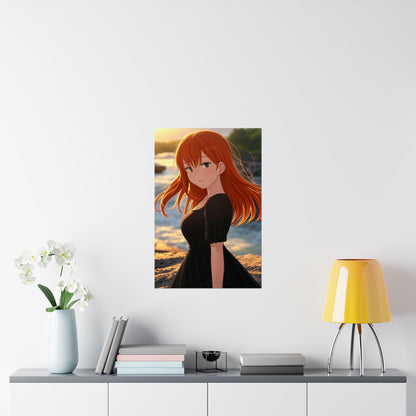 Redhead Anime Girl in Black Dress Waterfall Poster - Matte Vertical Art Print