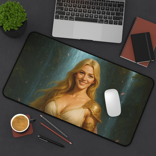 Golden Waterfall Goddess Desk Mat – Fantasy Art Mouse Pad for Gamers & Creators | Arctic Threadworks