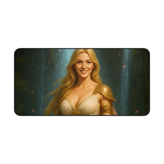 Golden Waterfall Goddess Desk Mat – Fantasy Art Mouse Pad for Gamers & Creators | Arctic Threadworks