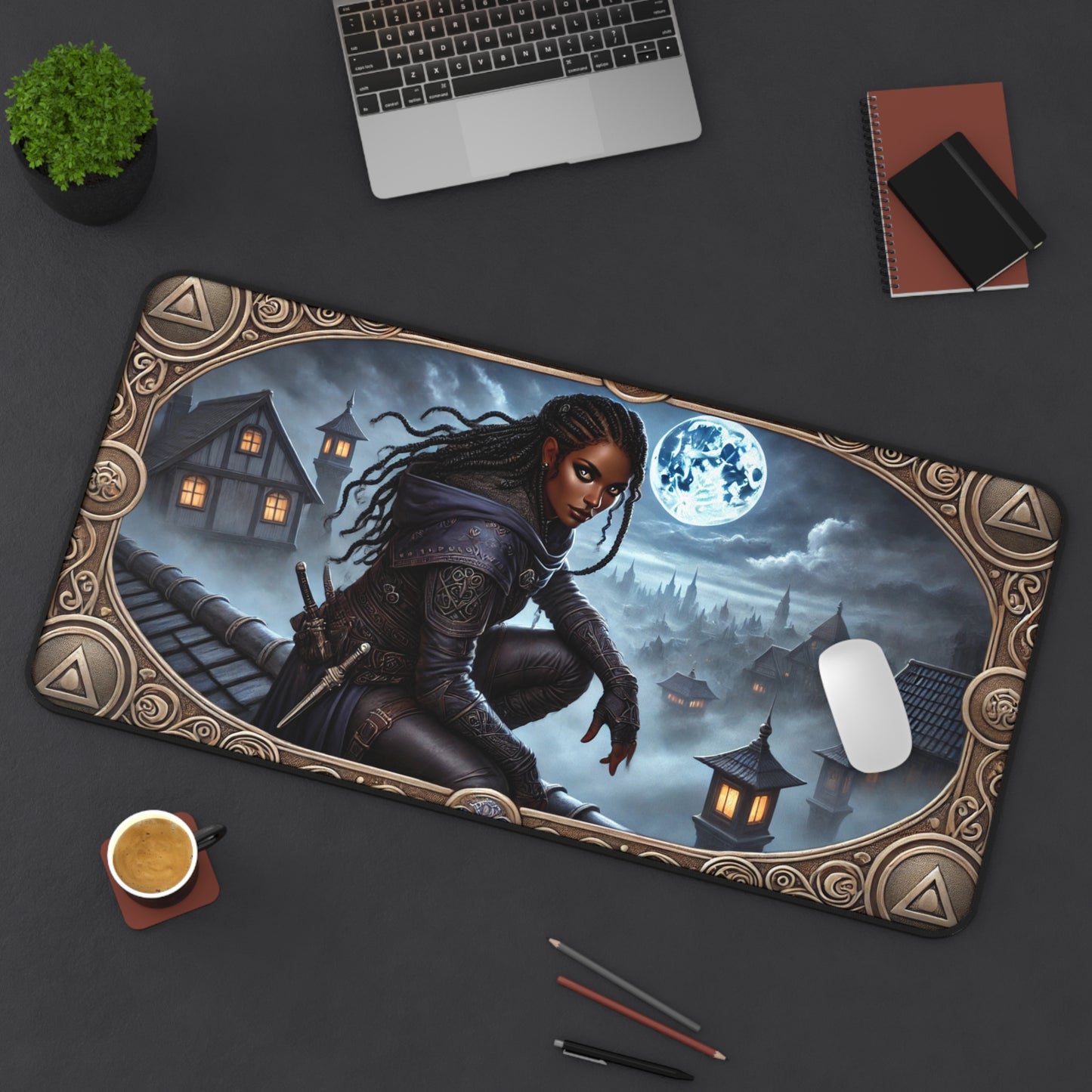 Desk Mat - Fantasy Themed Mystical Nightscape & Warrior Design
