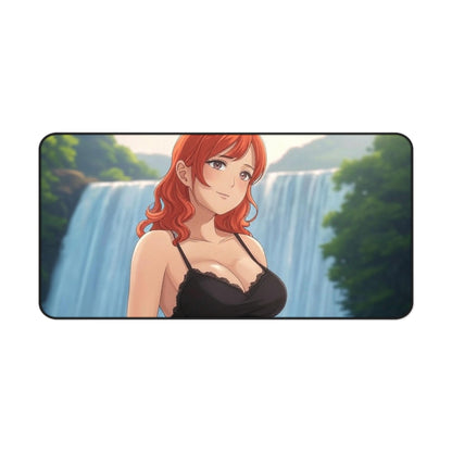 Redhead Anime Girl in Black Dress Waterfall Desk Mat - Vibrant Gaming Pad in 3 Sizes #AnimeDeskMat #WaterfallDesign