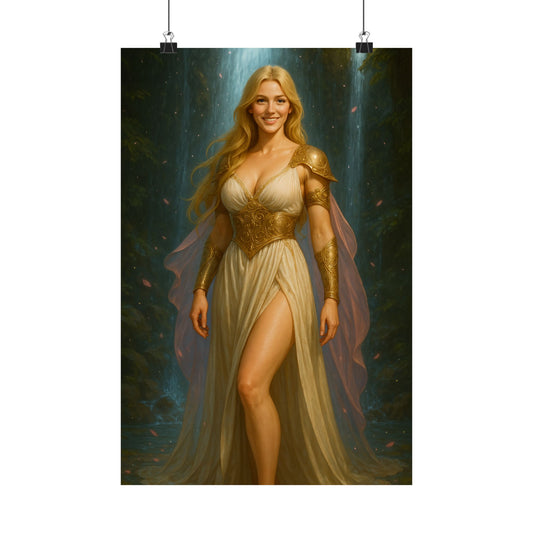 Radiant Blonde Goddess Waterfall Fantasy Art – Matte Vertical Poster Print | Elegant Home Décor Gift