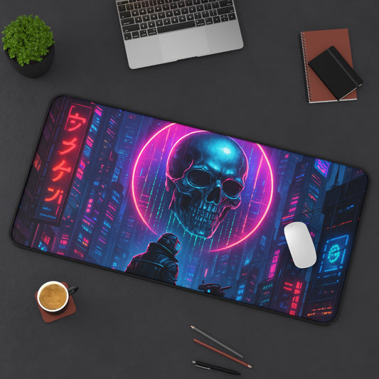 Cyberpunk Desk Mat, Futuristic Gaming Mouse Pad, Neon Skull Office Decor, Computer Accessories, Unique Gift Idea