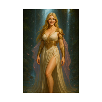 Radiant Blonde Goddess Waterfall Fantasy Art – Matte Vertical Poster Print | Elegant Home Décor Gift