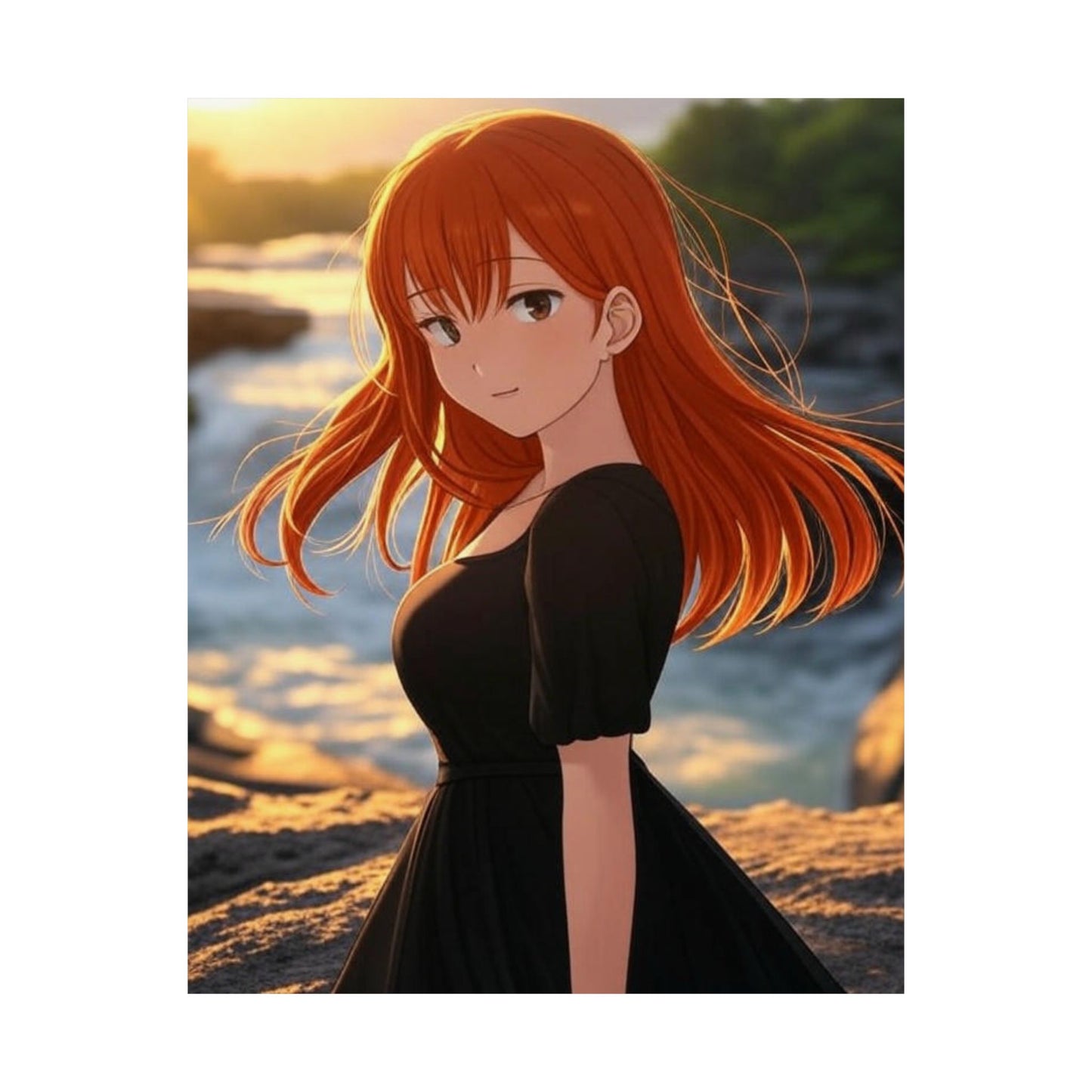 Redhead Anime Girl in Black Dress Waterfall Poster - Matte Vertical Art Print