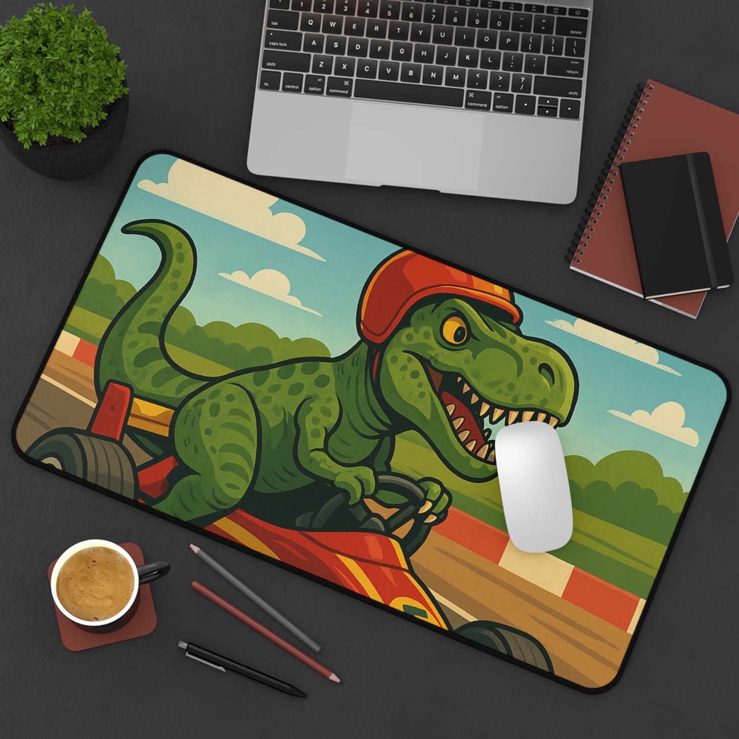 Dino Racer Desk Mat – T-Rex in a Go-Kart | Fun Gaming & Study Mat for Kids & Creators