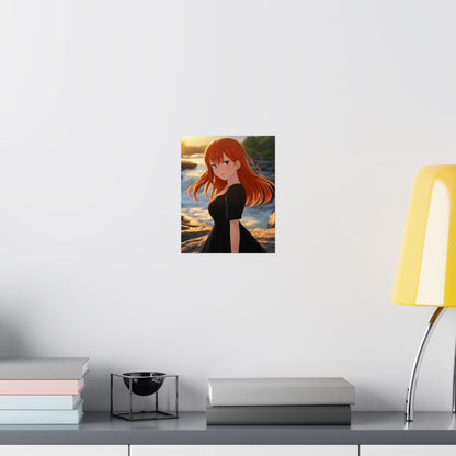 Redhead Anime Girl in Black Dress Waterfall Poster - Matte Vertical Art Print